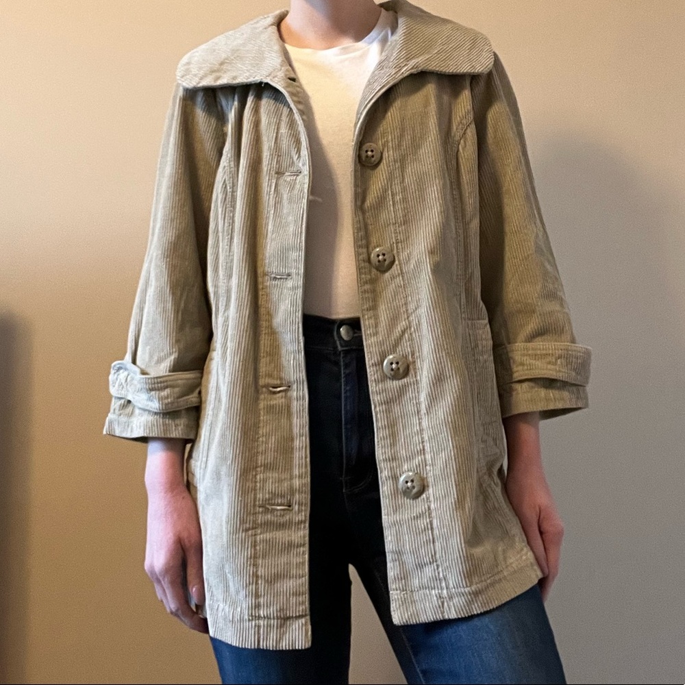 French cuff tan button down jacket: size medium